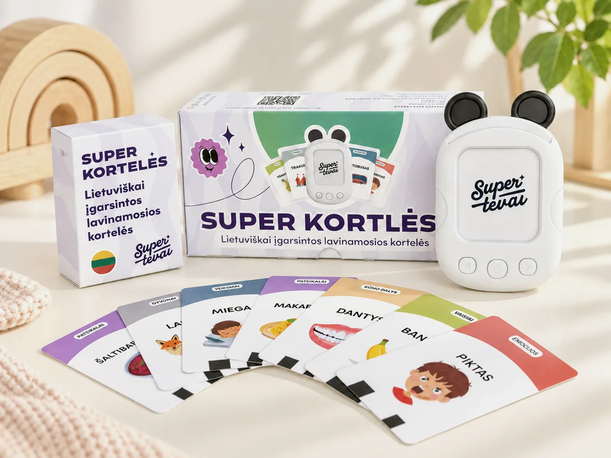 SUPER KORTELĖS komplektas: dovanų dėžutė, įrenginys ir kortelės