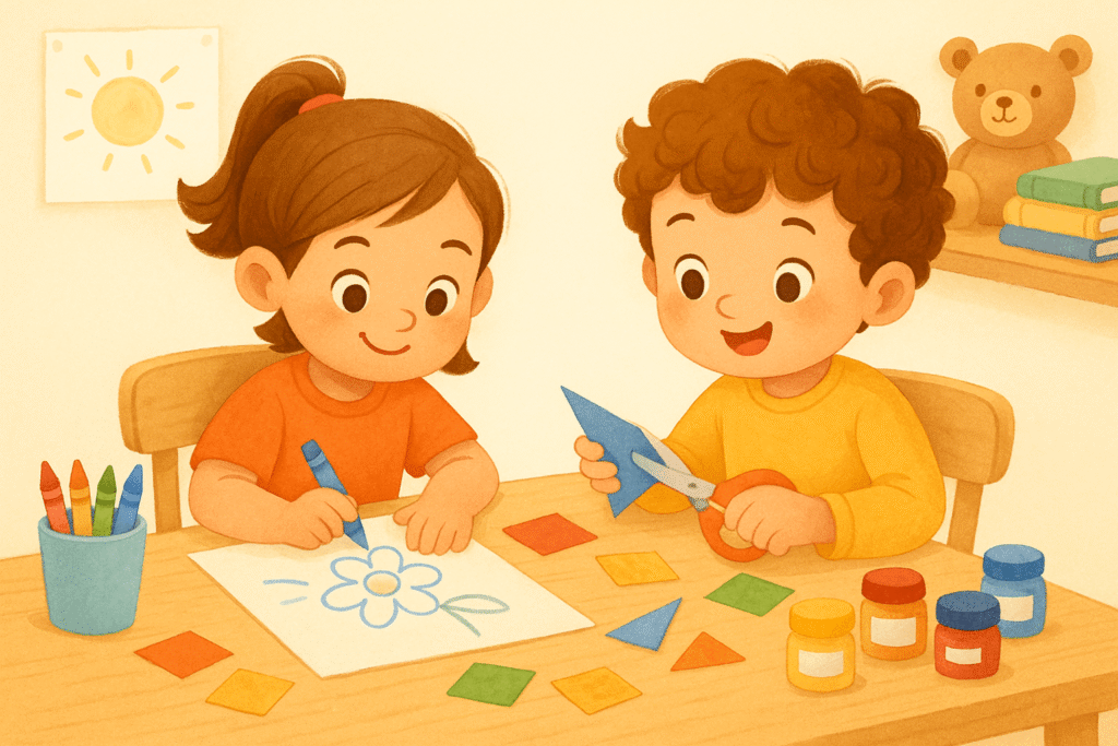 Užduotys vaikams namuose – iliustracija su žaidžiančiais vaikais