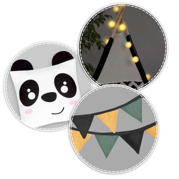 Vaikiška tipi palapinė su lemputėmis Nukido, balta ir juoda su panda