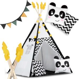 Vaikiška tipi palapinė su lemputėmis Nukido, balta ir juoda su panda