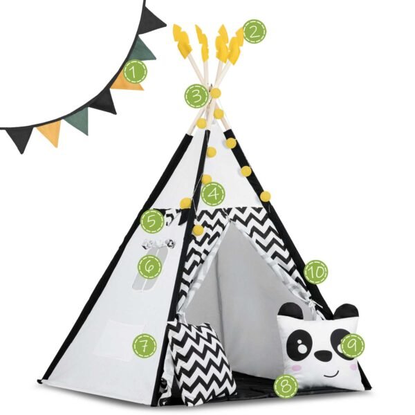 Vaikiška tipi palapinė su lemputėmis Nukido, balta ir juoda su panda
