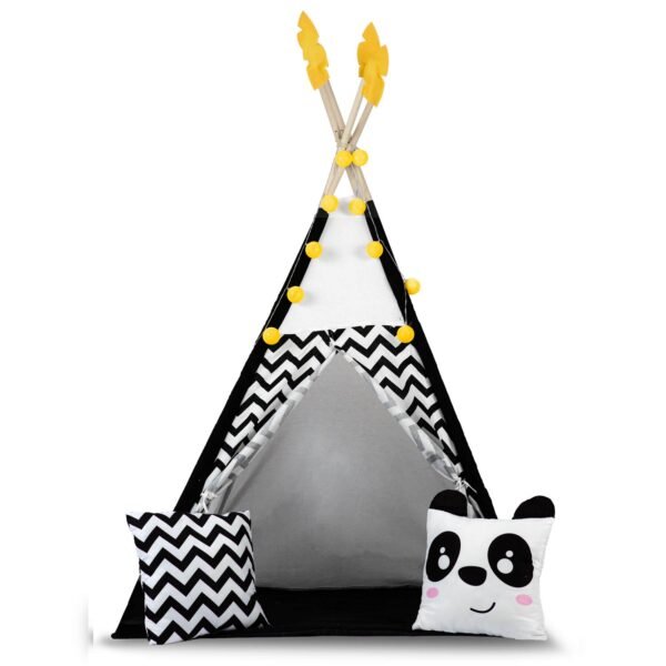 Vaikiška tipi palapinė su lemputėmis Nukido, balta ir juoda su panda