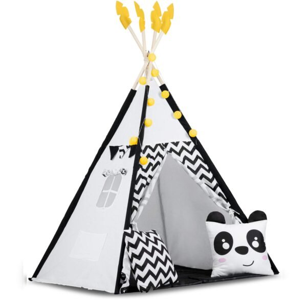 Vaikiška tipi palapinė su lemputėmis Nukido, balta ir juoda su panda